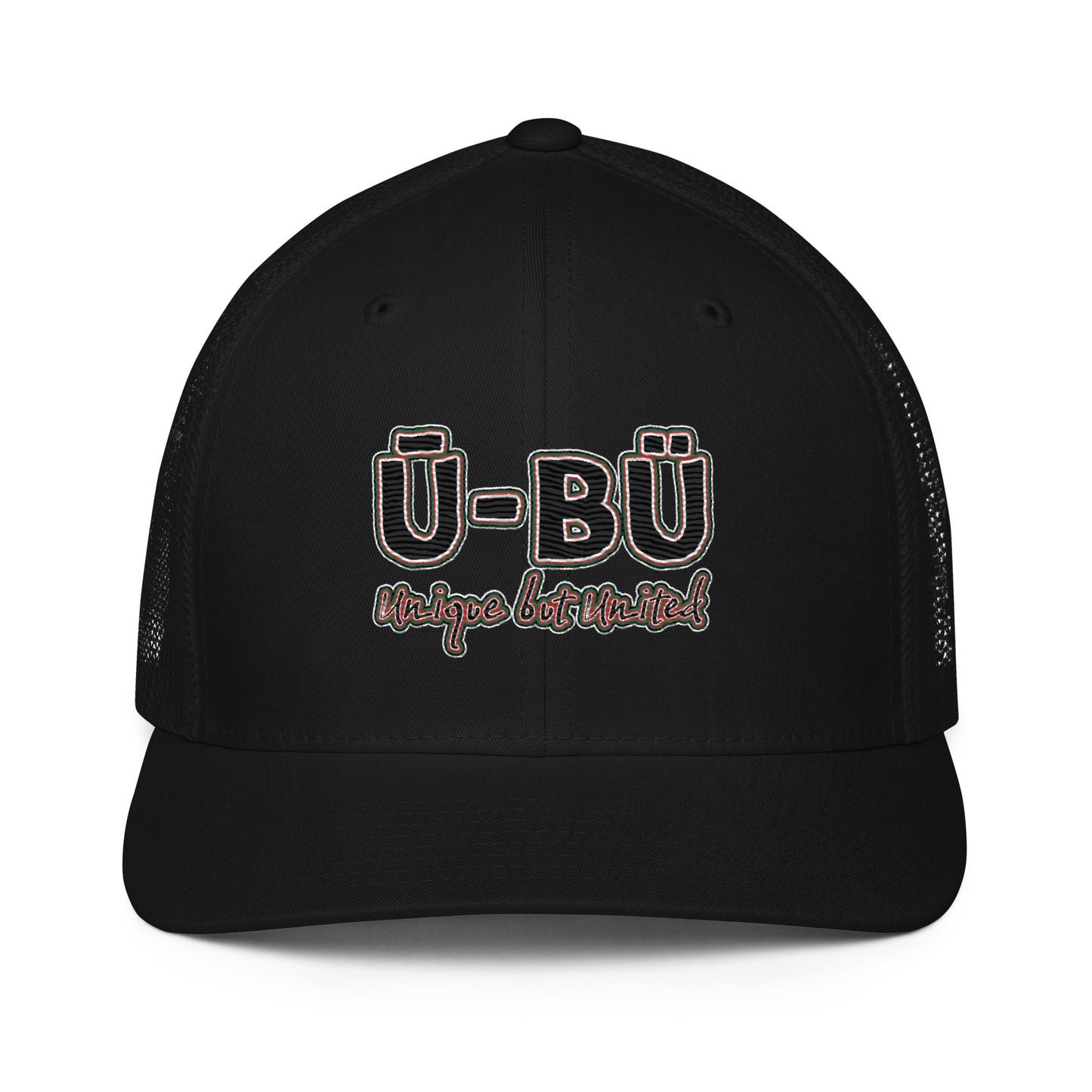 Ū-BÜ Closed-Back Trucker Cap - Red, Black + Green