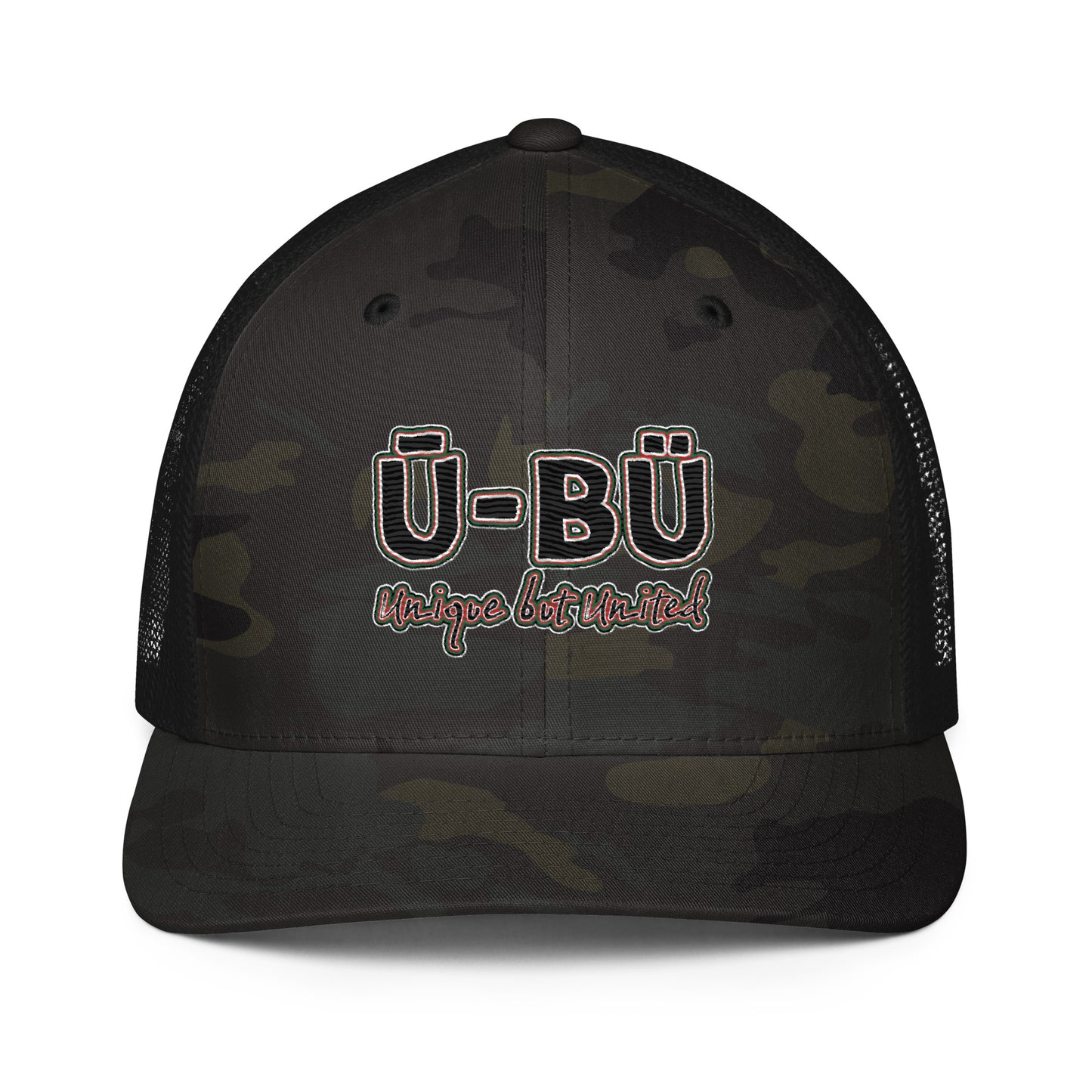 Ū-BÜ Closed-Back Trucker Cap - Red, Black + Green