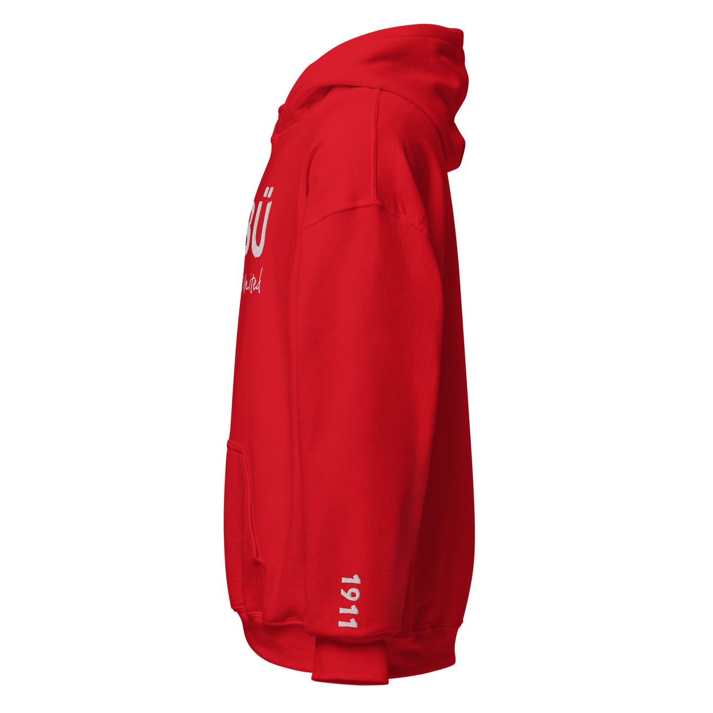 1911 & Ū-BÜ Embroidered Hoodie - White on Red