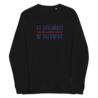 THE Melanated Mecca Embroidered Unisex Raglan Sweatshirt - Blue + Red