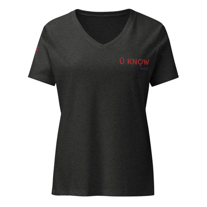 U Know 1867 Women’s V-Neck T-Shirt - Red + Blue Embroidery