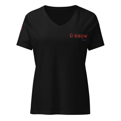 U Know 1867 Women’s V-Neck T-Shirt - Red + Blue Embroidery